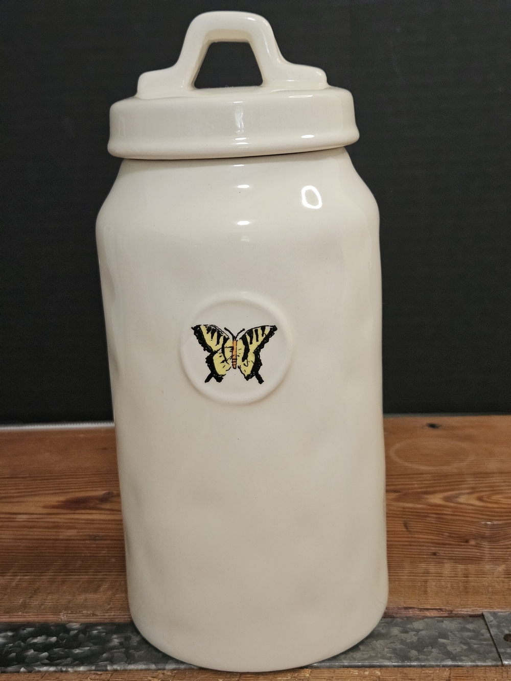 Rae Dunn Cream Ceramic Canister with Yellow Butterfly